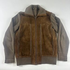 Pierre Conte Creation Jersey Suede Knit Zip Up Bomber‎ Jacket Mens Small Brown